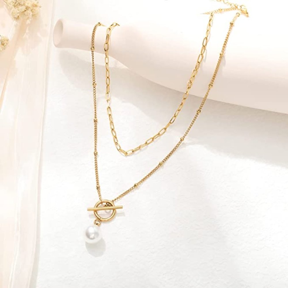 Gold Layered Pearl pendant Necklaces, 18K Gold Plated Initial Paperclip Link